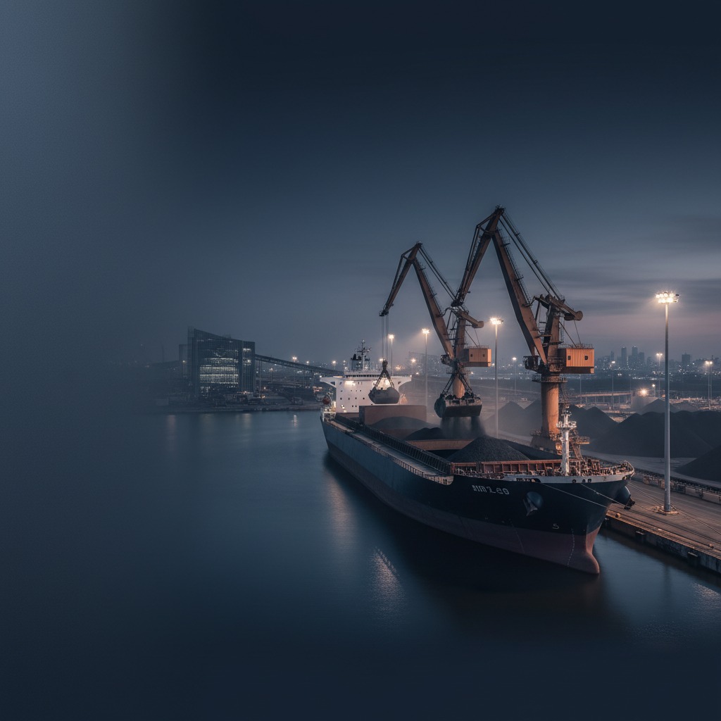 Two large cranes load material into the open cargo hold of a bulk carrier ship docked at an industrial port at dusk.
